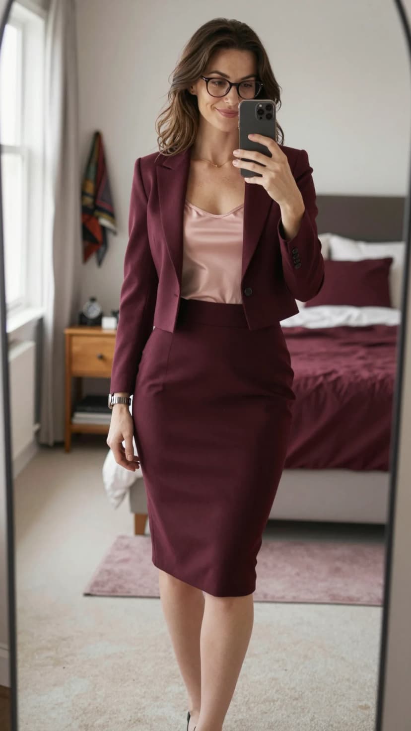 Burgundy Wool Blazer + Blush Satin Camisole + Burgundy Wool Pencil Skirt
