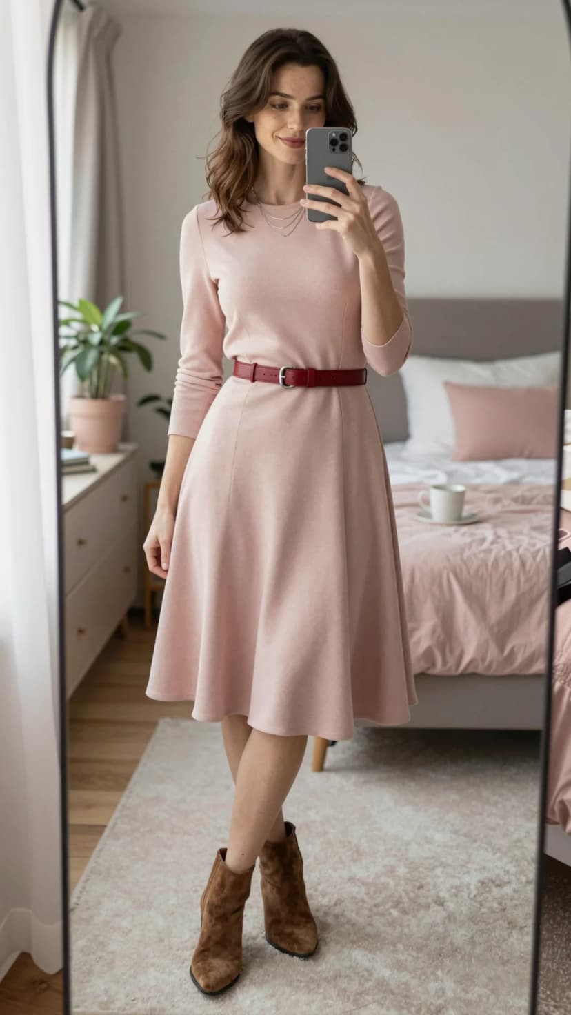 Pink Suede Midi Dress + Burgundy Leather Belt + Brown Suede Ankle Boots