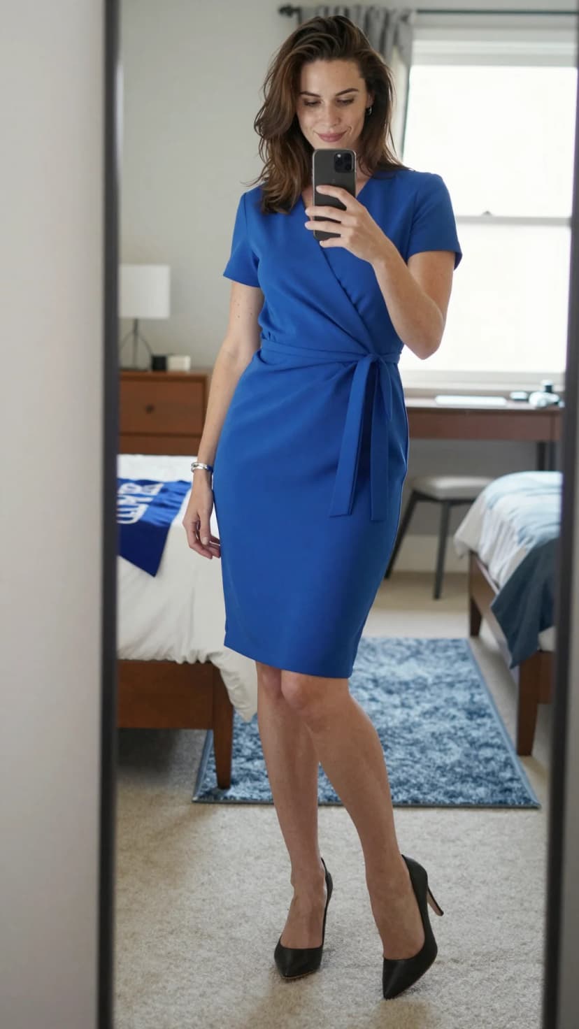 Cobalt Blue Faux Wrap Dress + Black Pointed Toe Heels