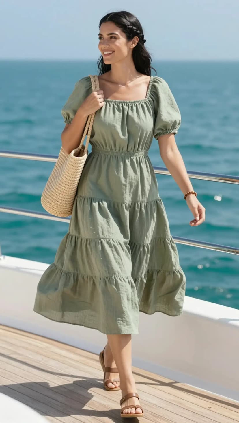 Olive Gauze Tiered Midi Dress + Tan Leather Flat Sandals