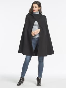 Black Wool Hooded Split Front Poncho Cape