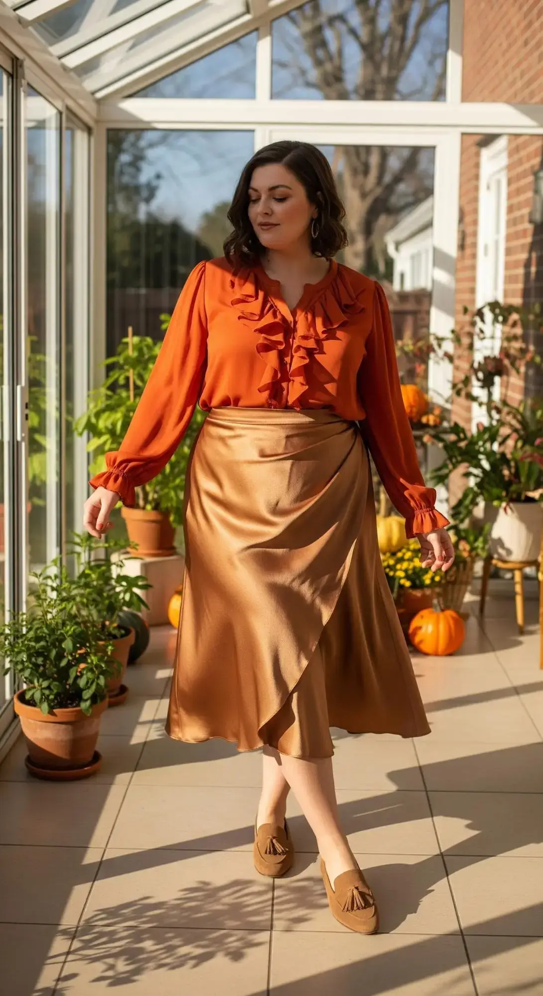 Rust Ruffle Blouse + Gold Satin Wrap Skirt + Brown Tassel Loafers
