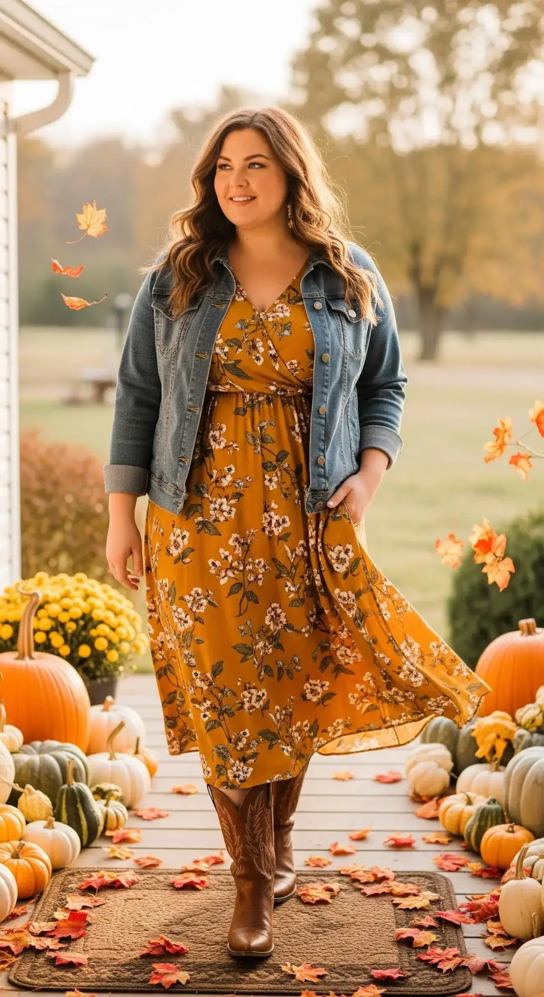 Mustard Floral Midi Dress + Denim Jacket + Brown Cowboy Boots