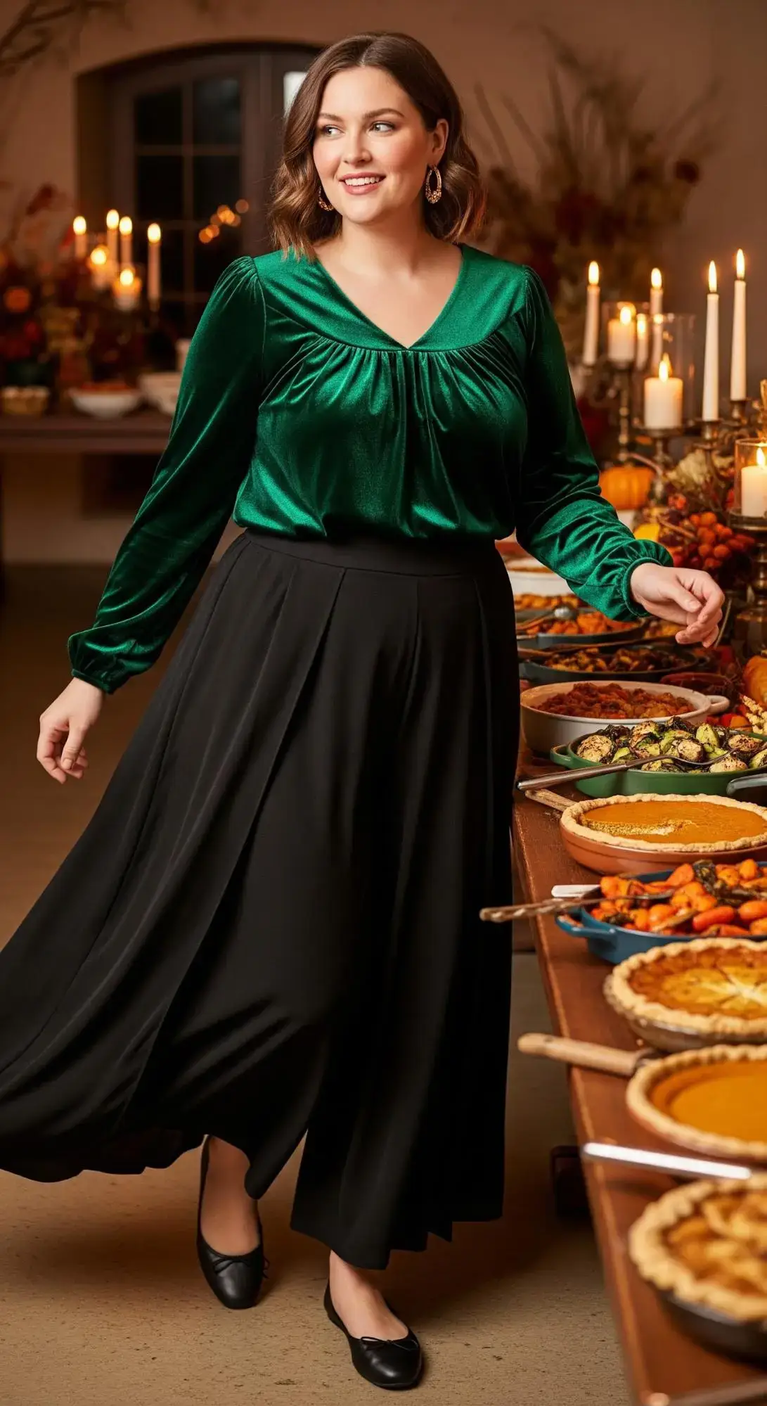 Emerald Velvet Top + Black Maxi Skirt + Black Flats