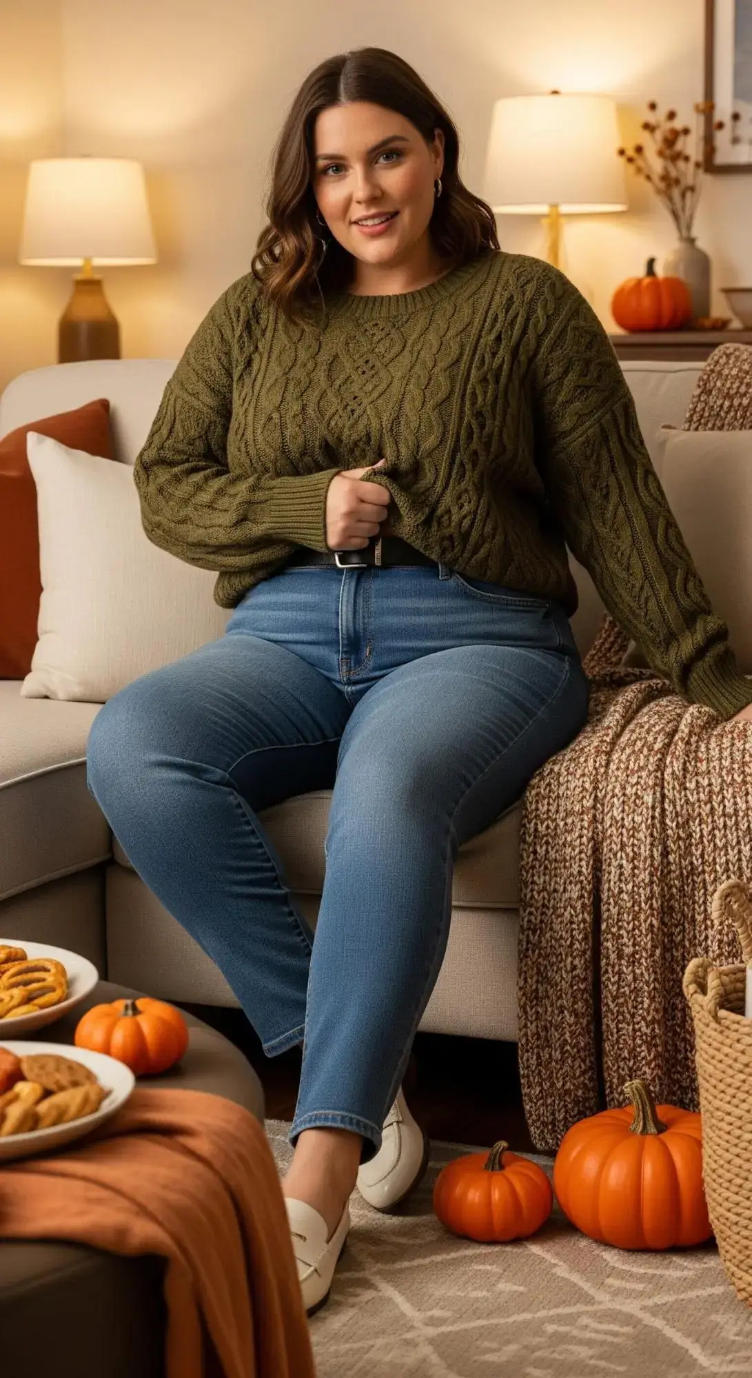 Olive Cable Knit Sweater + Blue Skinny Jeans + White Loafers