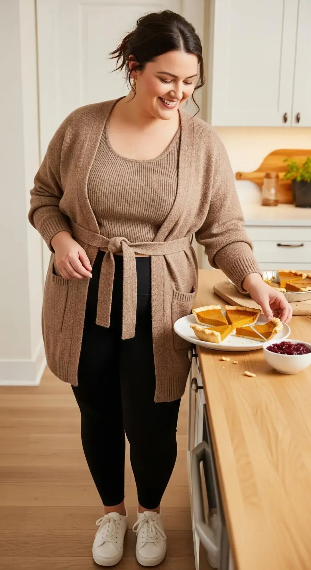 Taupe Ribbed Tank + Belted Cardigan + Black Leggings + White Sneakers