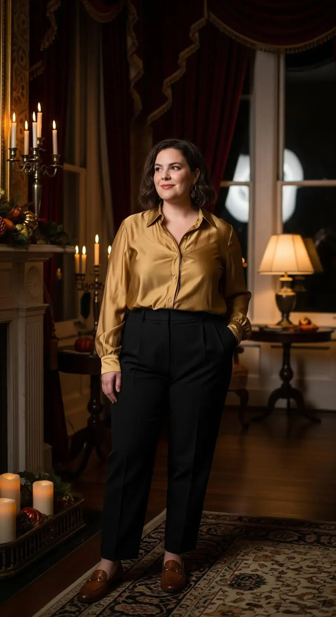 Gold Satin Blouse + Black Trousers + Brown Loafers