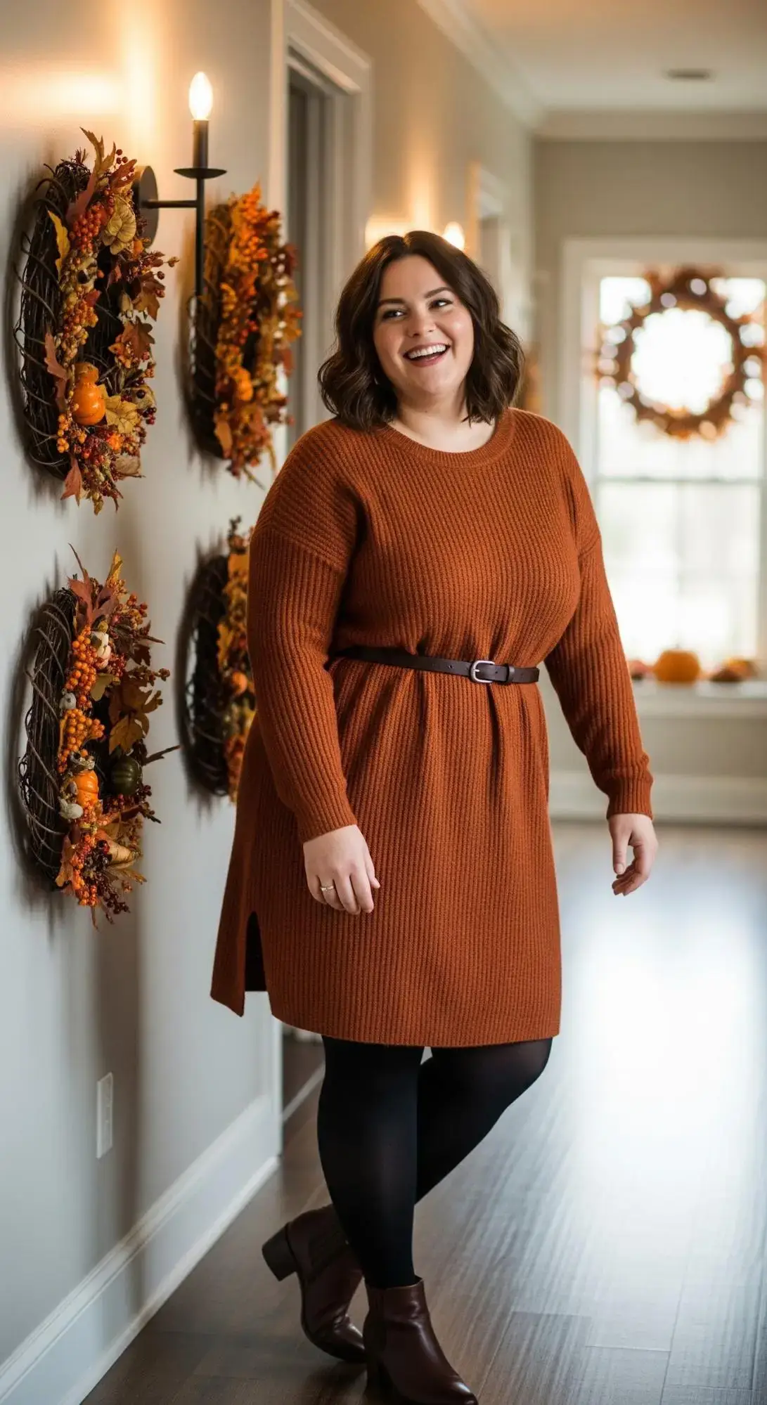 Rust Sweater Dress + Brown Belt + Black Tights + Brown Booties