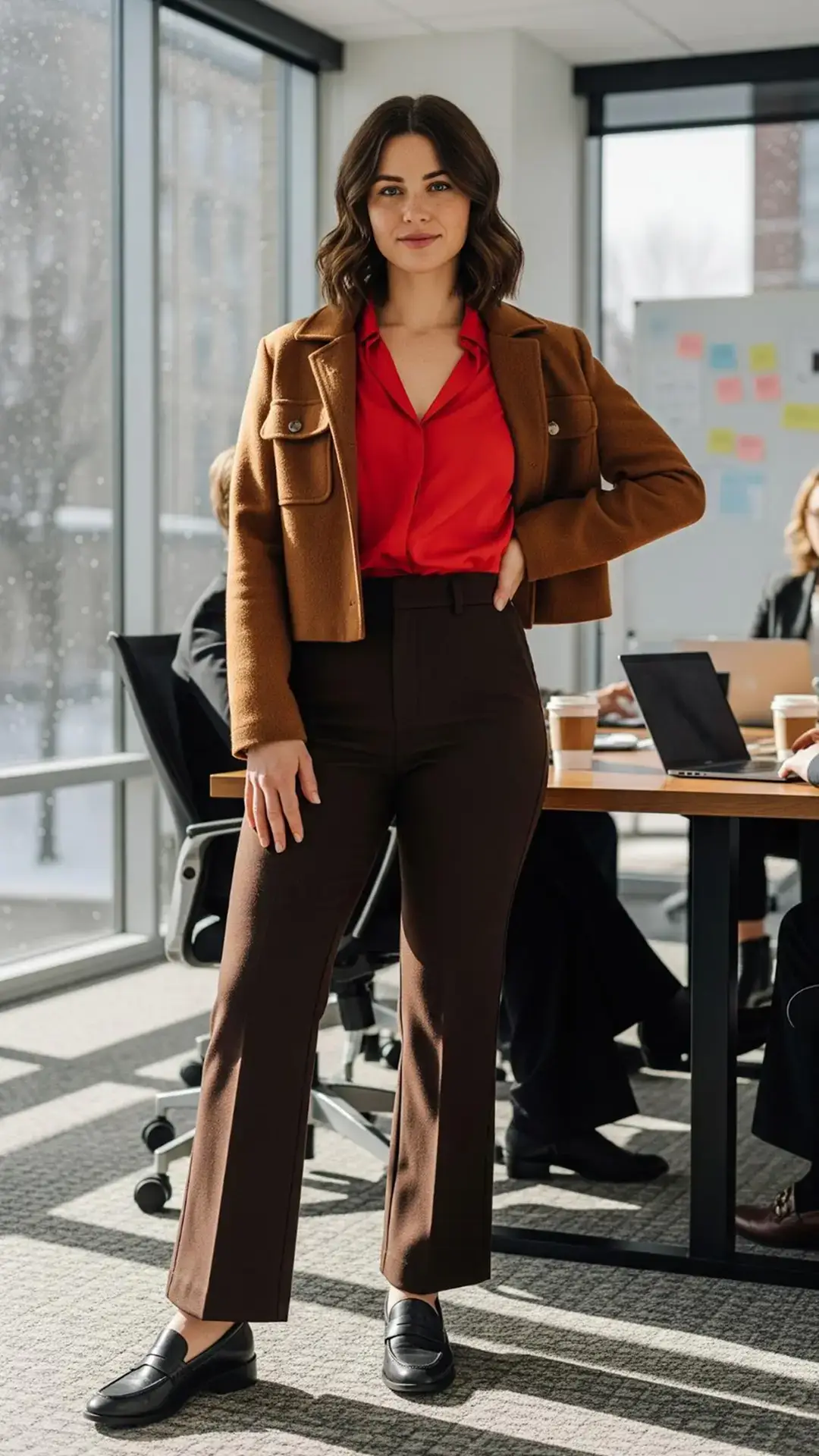 Brown Cropped Jacket + Red Shirt + Brown Pants + Black Loafers