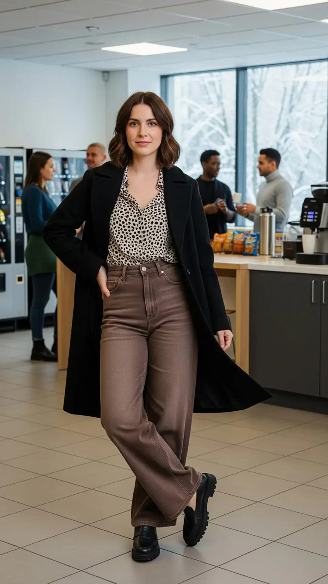 Black Long Coat + Animal Print Blouse + Brown High-Waisted Pants + Black Loafers