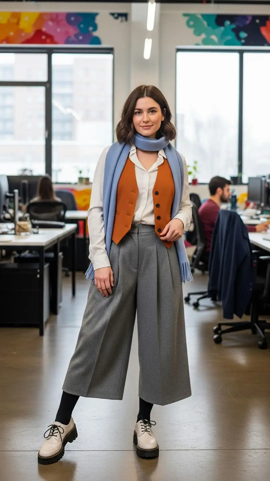 Camel Coat + Grey Wide-Leg Pants + White Blouse + Blue Scarf
