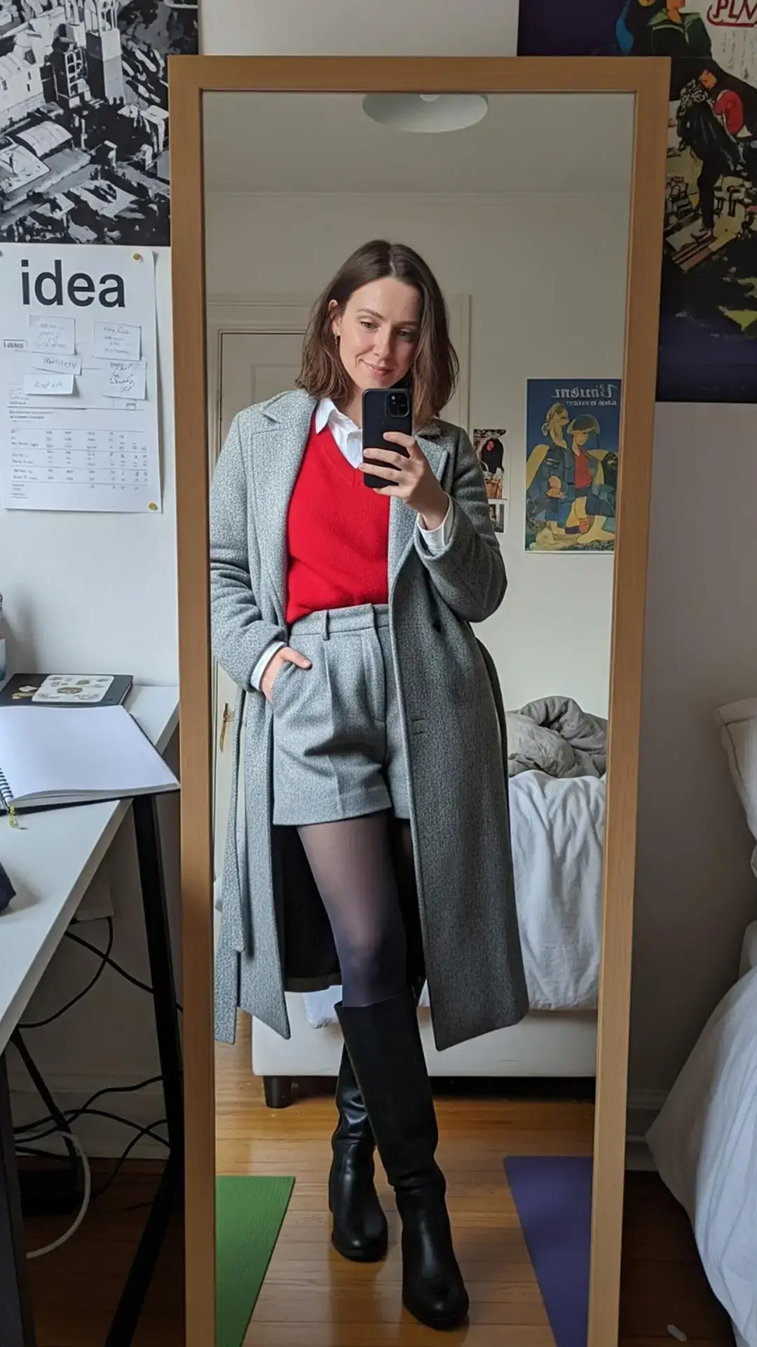 Grey Long Coat + Red Sweater + White Shirt + Grey Shorts + Black Tall Boots
