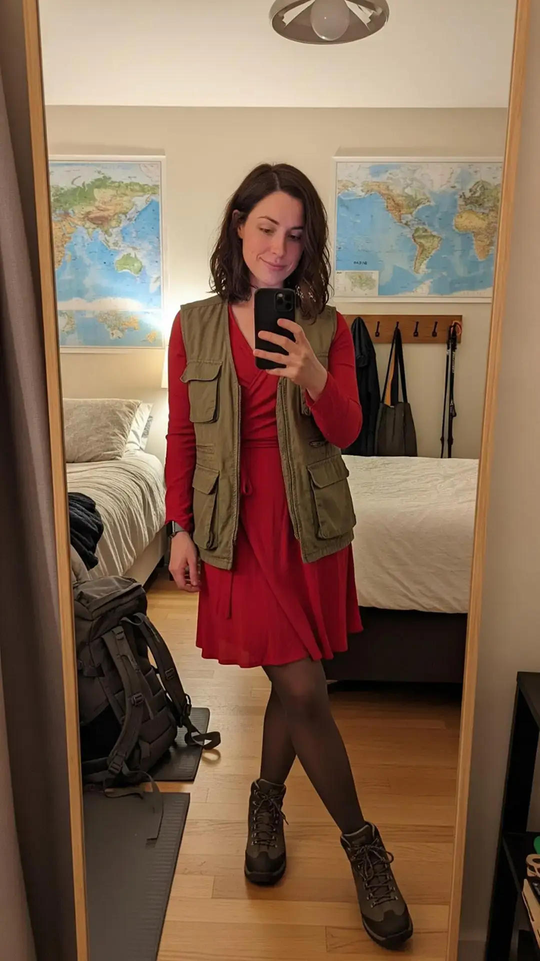 Olive Utility Vest + Red Wrap Dress + Brown Hiking Boots