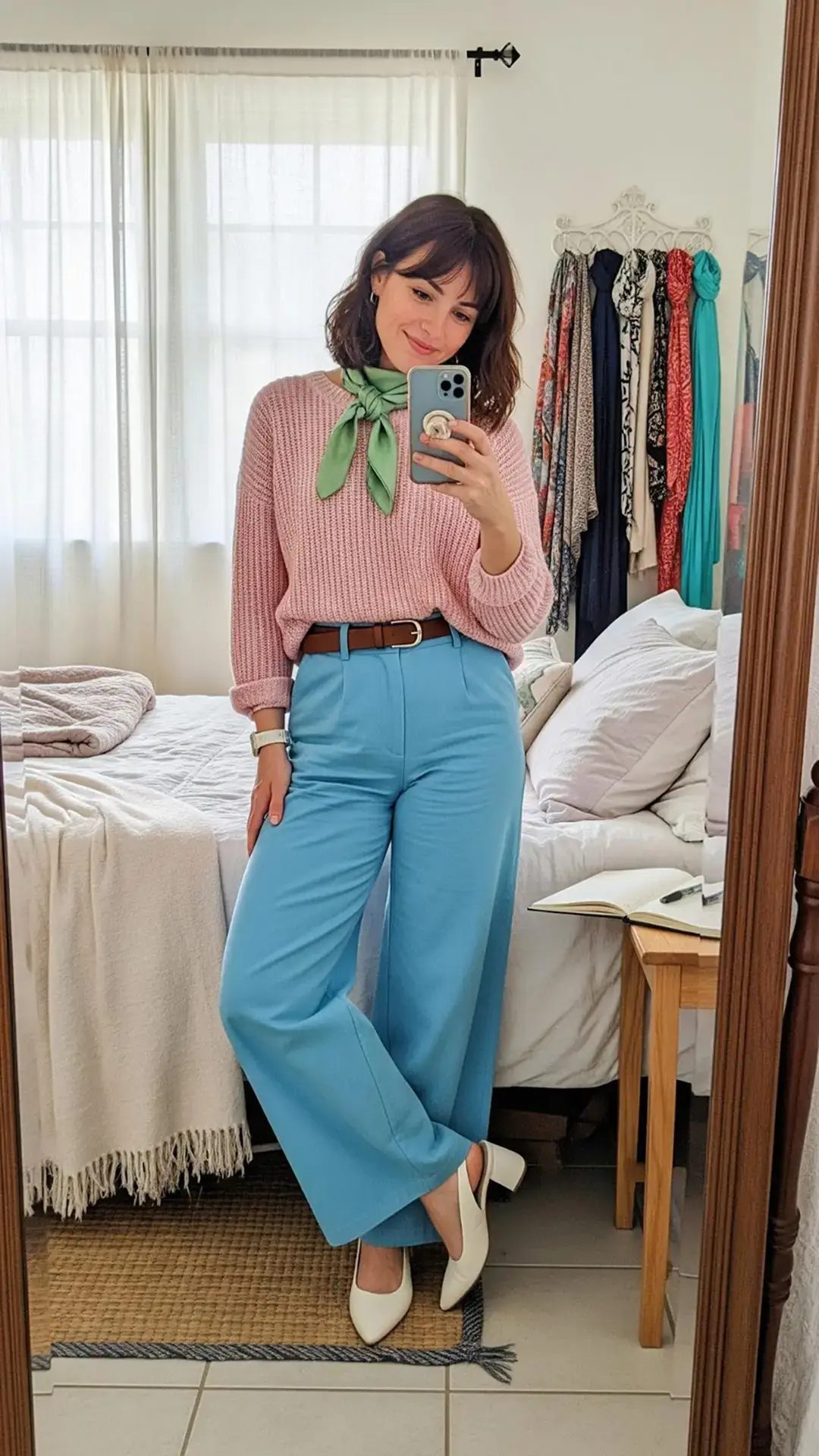 Light Pink Sweater + Sage Green Silk Scarf + Sky Blue Wide-Leg Trousers + White Heels